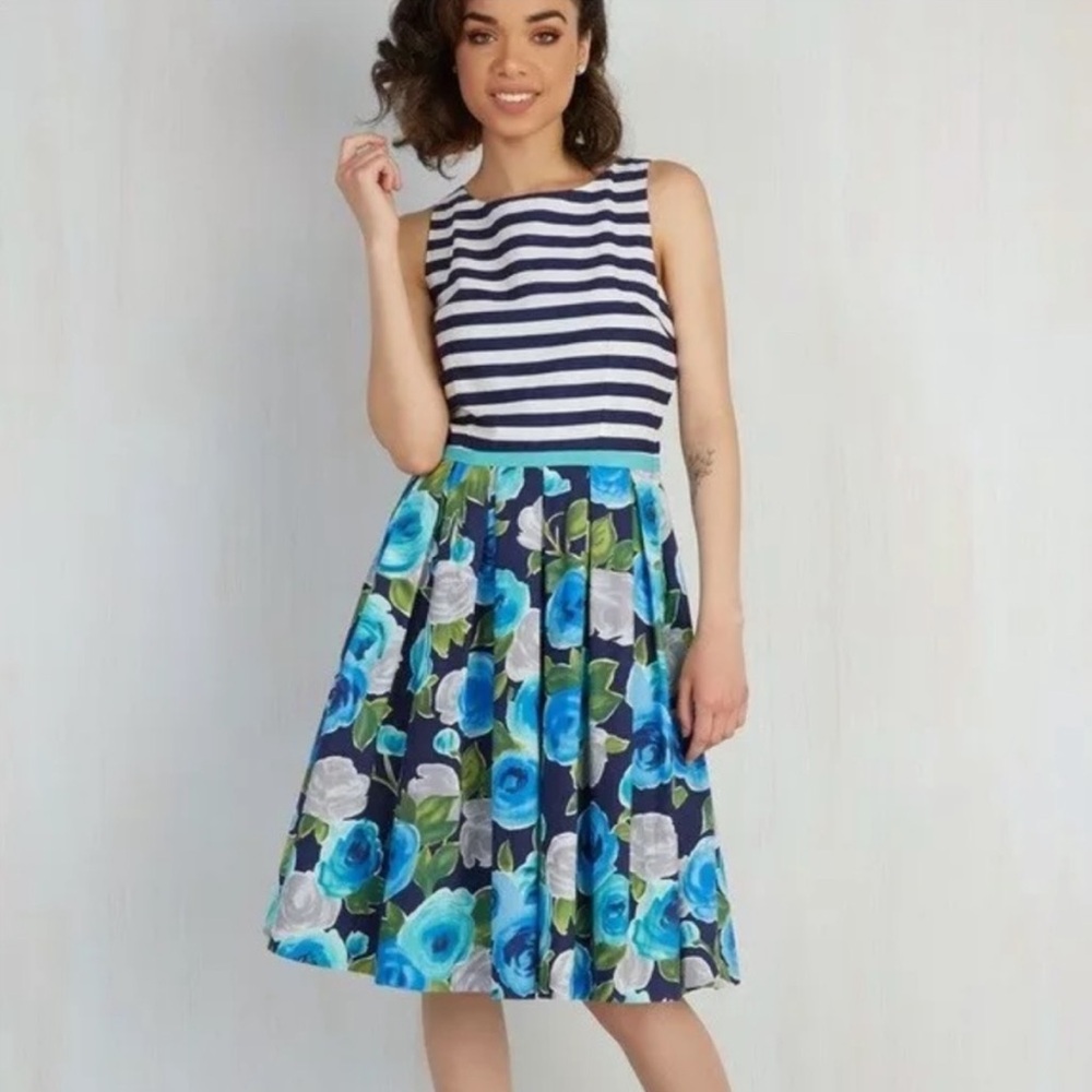Modcloth Striped and Floral Midi Dress - Blue and White